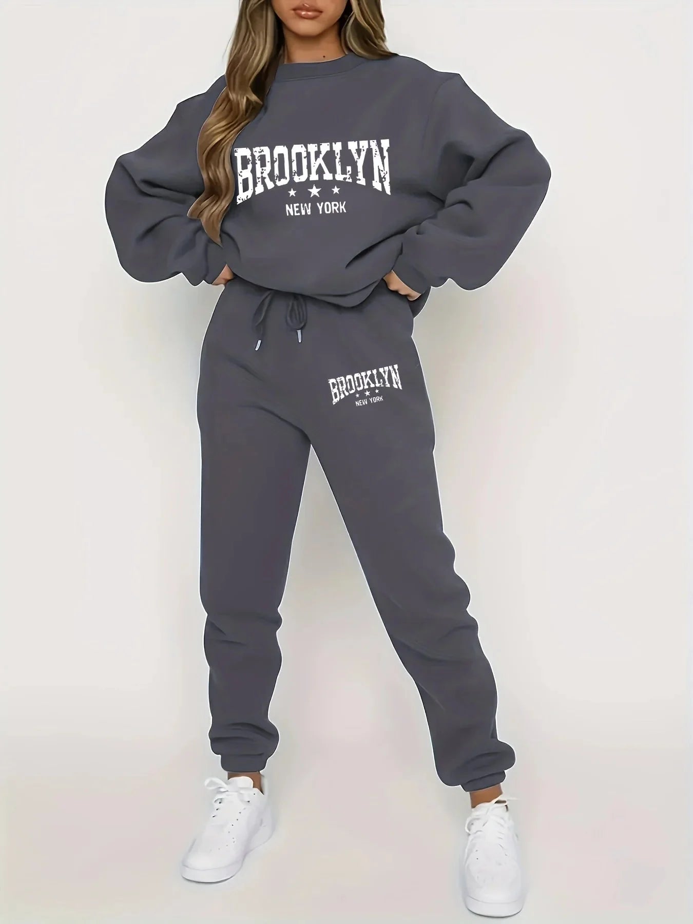 Women’s Plush Hoodie & Pants Sweater Set – Cozy Winter Tracksuit in dark gray with 'Brooklyn New York' print, perfect for winter style.
