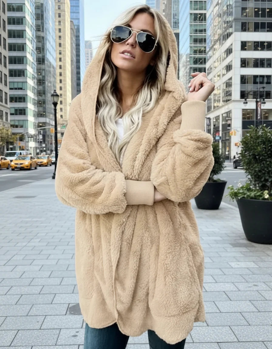 Double Fleece Plush Hooded Cardigan Jacket Women