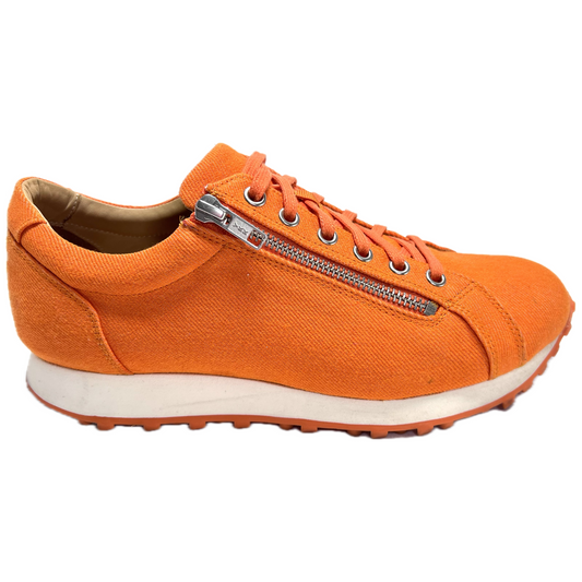 WesTees Lienza Zinnia eco-friendly orange walking shoe with recycled fabric outer and leather inner for style and weather resistance.