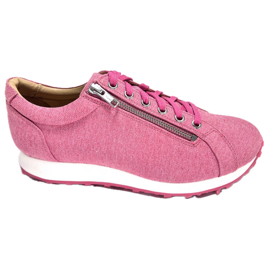 WesTees Lienza Geranium eco-friendly golf shoe with pink recycled fabric and leather interior, offering style and weather resistance.