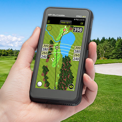 SkyCaddie® PRO 4X golf GPS displayed on a golf course, highlighting compact and sleek design.