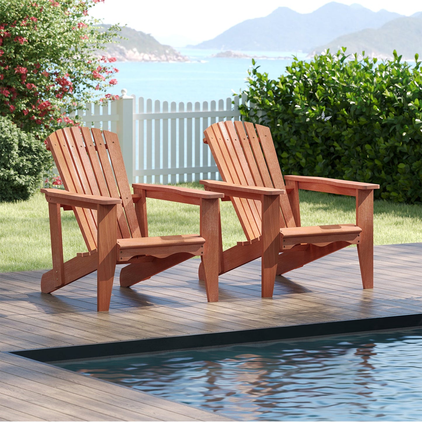 Solid Wood Adirondack Chair with High Backrest and Wide Armrests by poolside