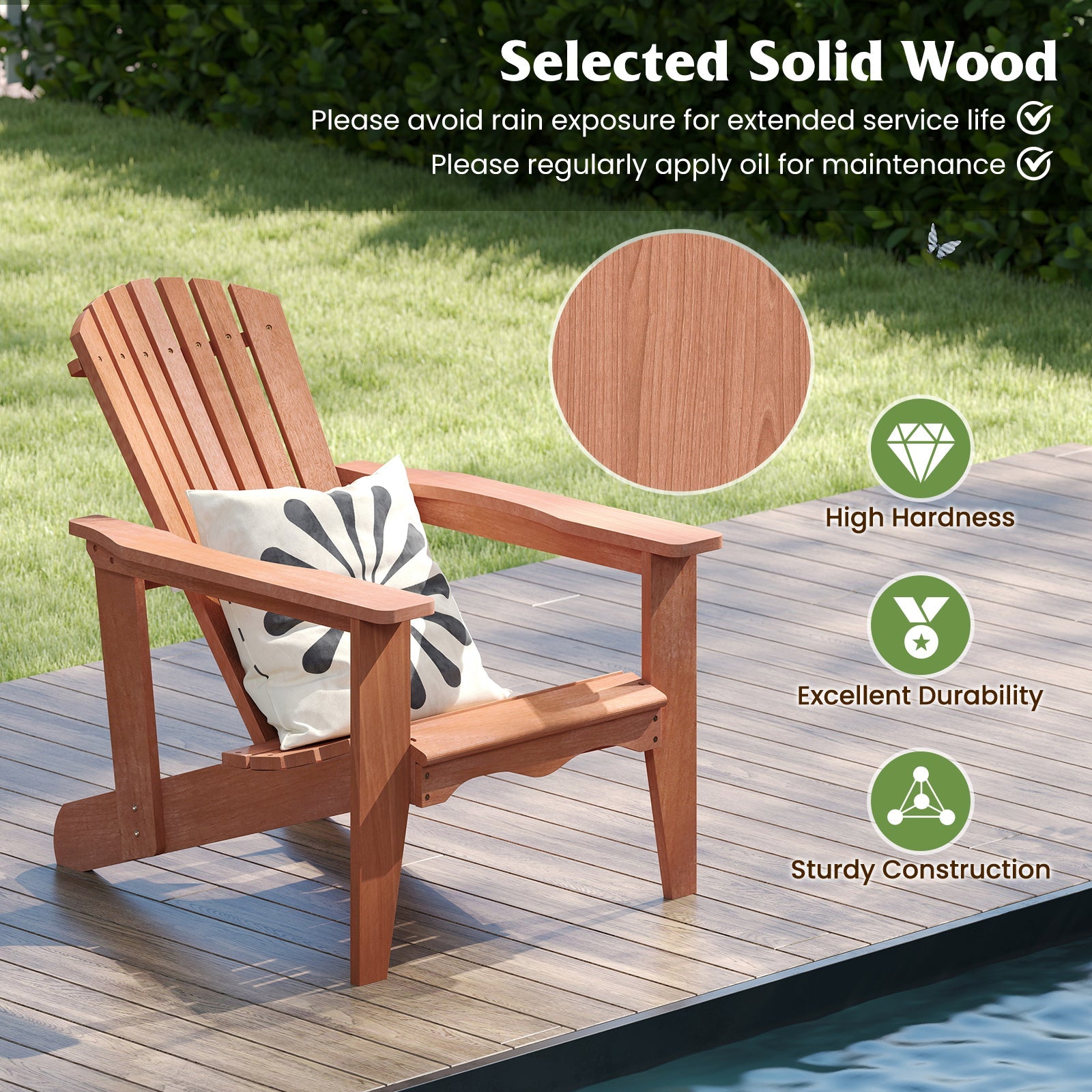 Solid Wood Adirondack Chair with High Backrest and Wide Armrests on a deck, showcasing its sturdy construction and ergonomic design.