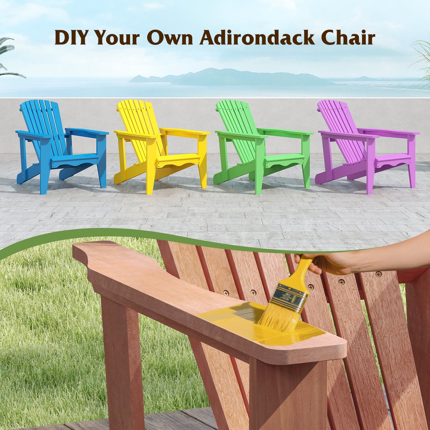 Colorful DIY options for Solid Wood Adirondack Chair with High Backrest and Wide Armrests