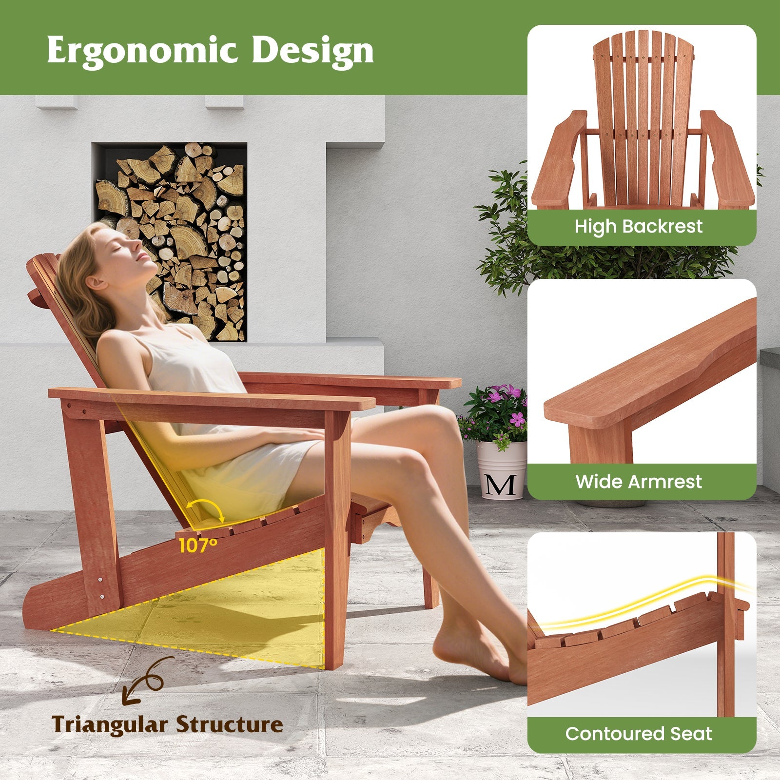 Solid Wood Adirondack Chair with High Backrest and Wide Armrests showcasing ergonomic design with 107° backrest and contoured seat.