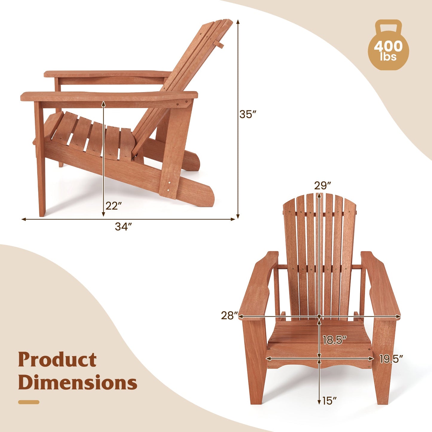 Dimensions of Solid Wood Adirondack Chair with High Backrest and Wide Armrests supporting 400 lbs