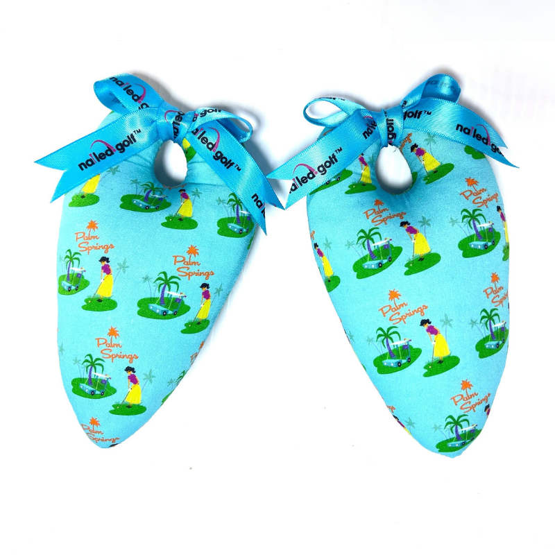Stylish handmade Golf Shoe Stuffers for travel; bright design with ribbon.