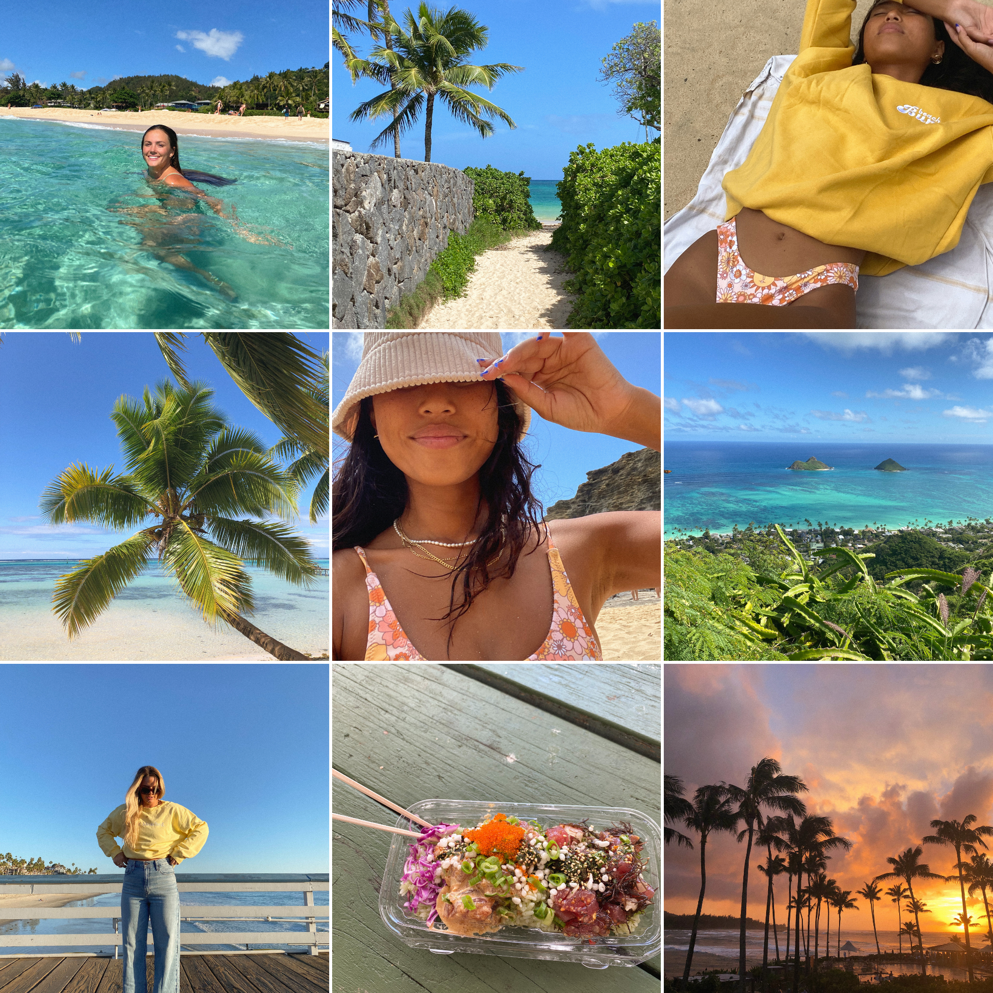 Tropical island vibes collage, woman in ocean and nature, palm trees, sunset, beach scenes, and a vibrant dish of floral garnish.