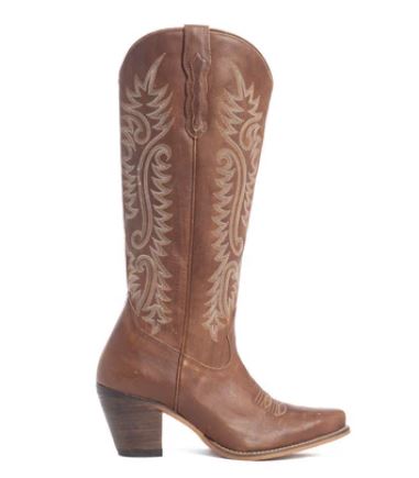 Sylvia Prairie Leather Boots with floral and feather embroidery on brown leather, featuring a side zipper, perfect for cowgirl style.