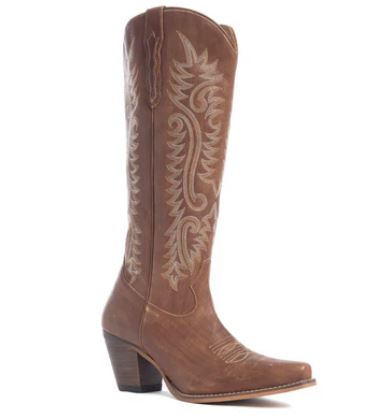 Sylvia Prairie Leather Boots with floral embroidery, premium brown leather cowgirl boots showcasing intricate white threadwork design.