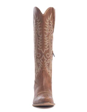 Front view of Sylvia Prairie Leather Boots with floral embroidery and side zipper in brown leather