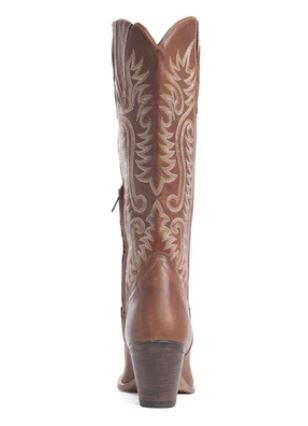Rear view of Sylvia Prairie Leather Boots with floral embroidery and side zipper for stylish western flair.