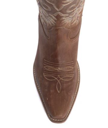 Top view of Sylvia Prairie Leather Boots with floral and feather embroidery on brown leather