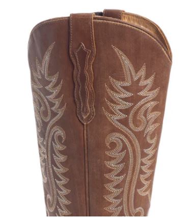 Close-up of Sylvia Prairie Leather Boots with floral and feather embroidery