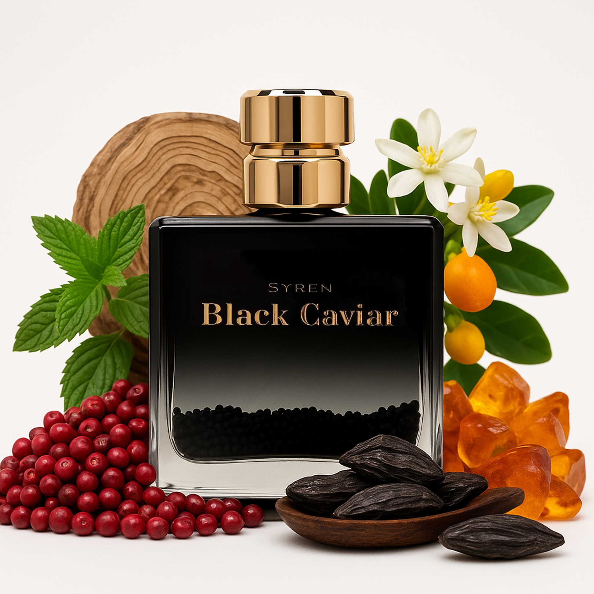 Syren - Black Caviar fragrance bottle with elements of Mandarin, Mint, Cedar, Pink Pepper, Neroli, and Amber representing luxury and allure.