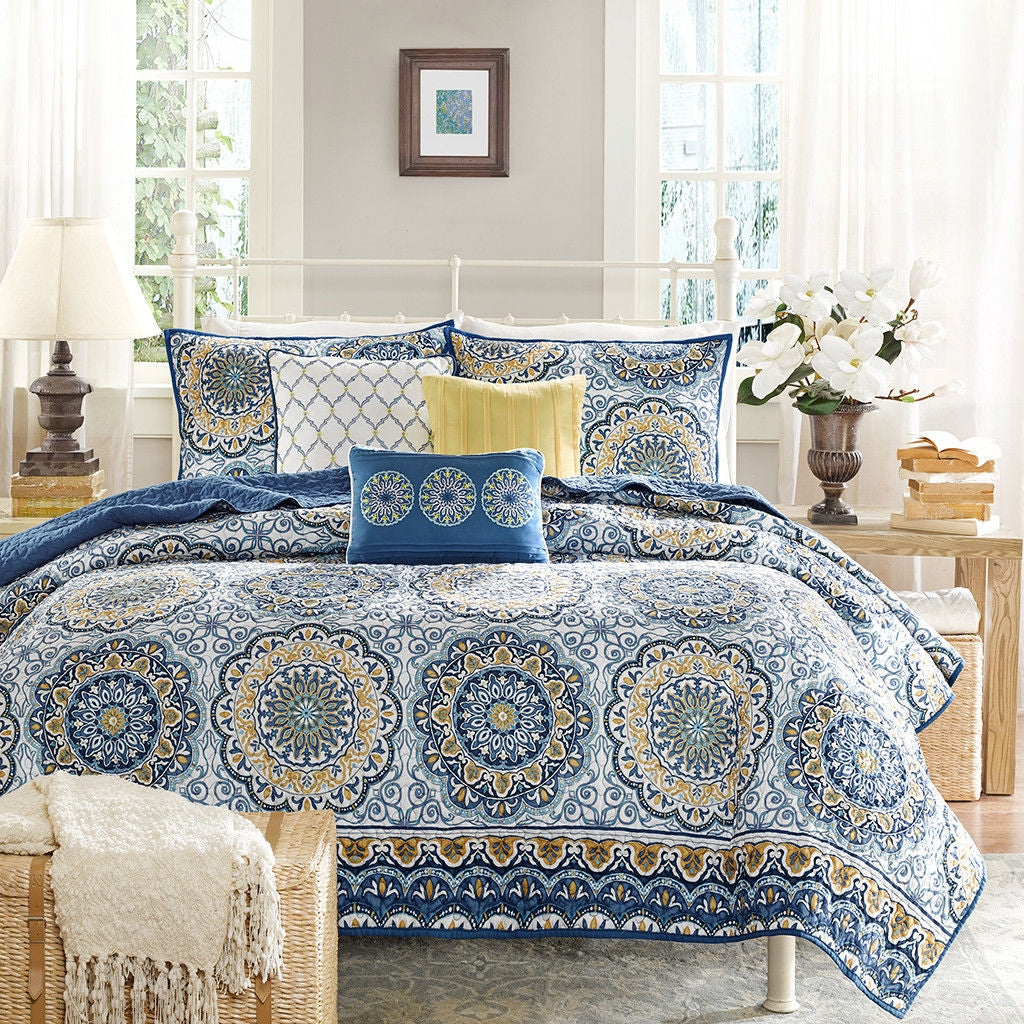 Queen size 6-Piece Coverlet Quilt Set in Blue Floral Pattern enhances bedroom decor with soft, durable polyester microfiber.