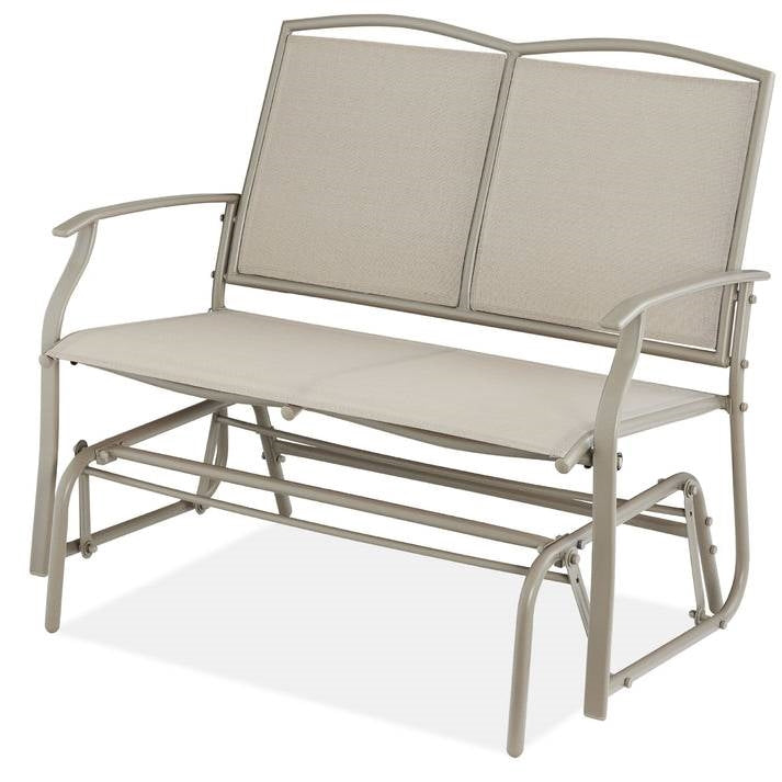2 Seat Mesh Patio Loveseat Swing Glider Rocker with Armrests in Taupe on white background