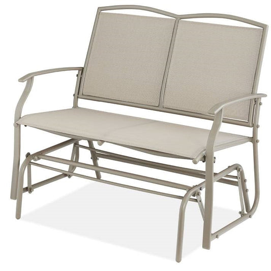 2 Seat Mesh Patio Loveseat Swing Glider Rocker with Armrests in Taupe on white background
