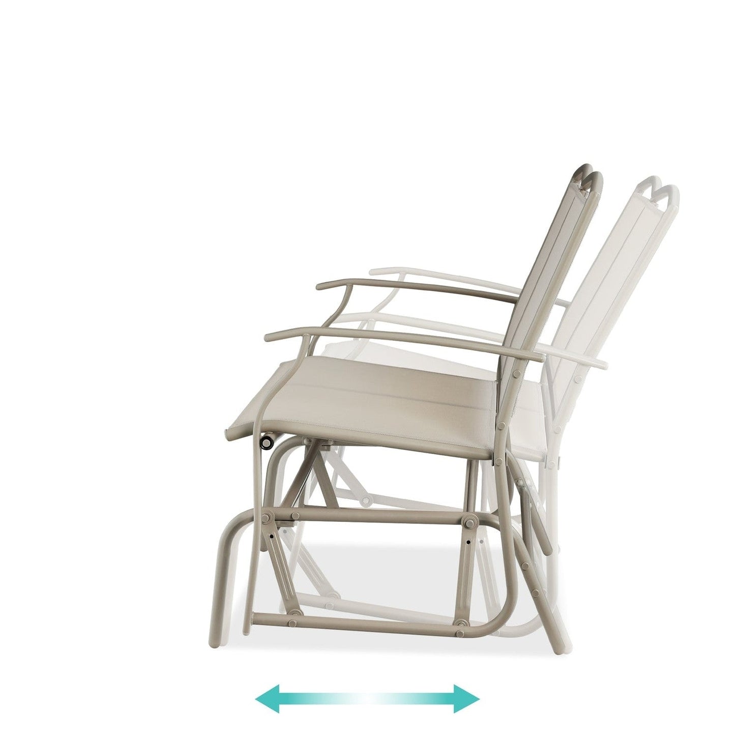 Side view of 2 Seat Mesh Patio Loveseat Swing Glider Rocker with Armrests in Taupe, showcasing gliding motion and ergononomic design.