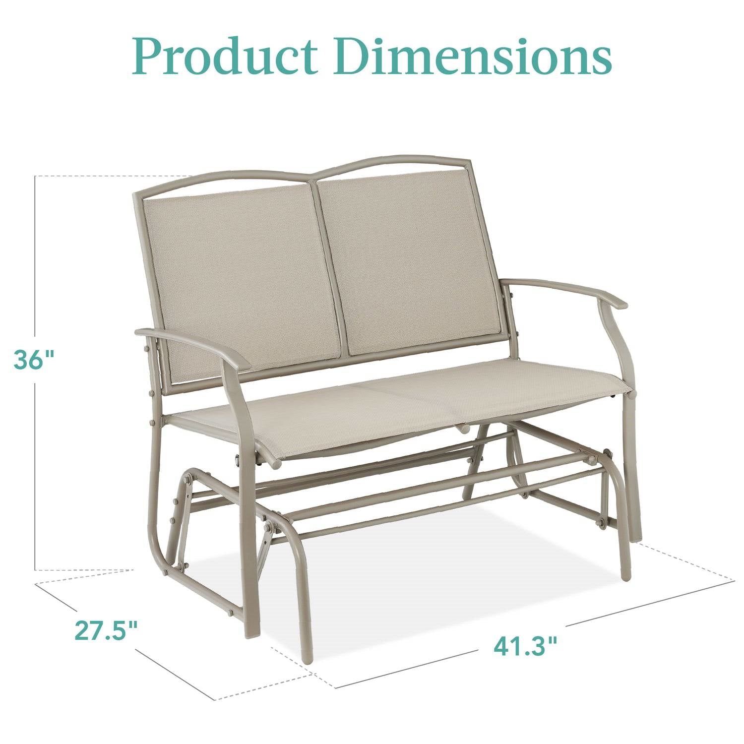 2 Seat Mesh Patio Loveseat Swing Glider Rocker with Armrests in Taupe product dimensions
