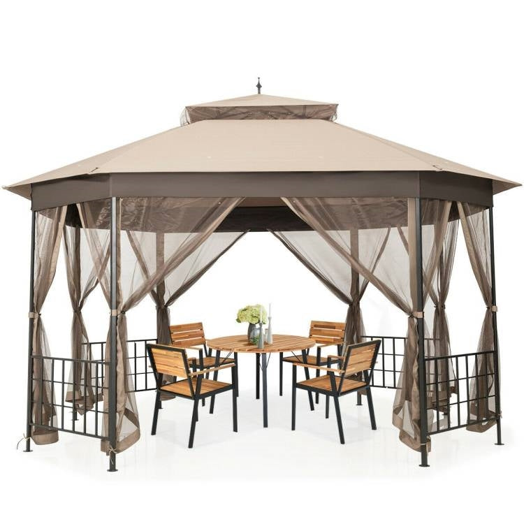 Outdoor 10 x 12 Ft Octagon Gazebo with Mosquito Net Sidewalls and Brown Canopy in backyard setting with furniture.