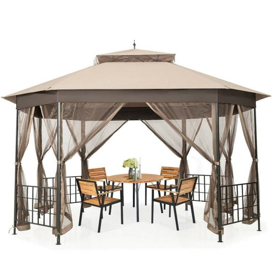 Outdoor 10 x 12 Ft Octagon Gazebo with Mosquito Net Sidewalls and Brown Canopy in backyard setting with furniture.