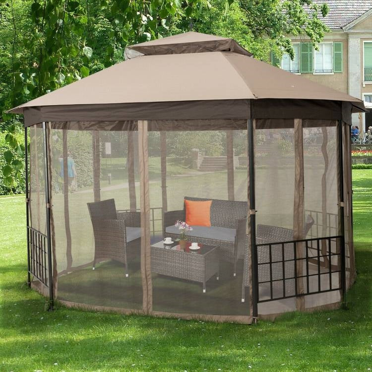 Outdoor 10 x 12 Ft Octagon Gazebo with Mosquito Net Sidewalls and Brown Canopy set up in a backyard garden.