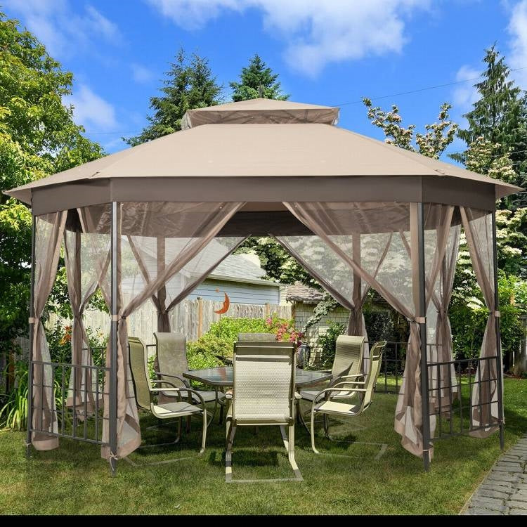 Outdoor 10 x 12 Ft Octagon Gazebo with Mosquito Net Sidewalls and Brown Canopy in a backyard setting