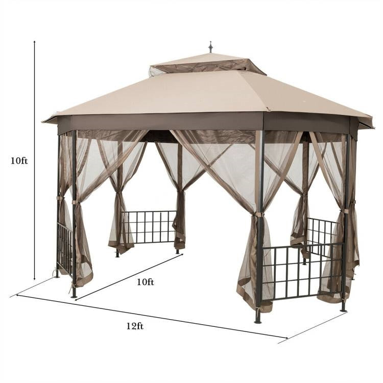 Outdoor 10 x 12 Ft Octagon Gazebo with Mosquito Net Sidewalls and Brown Canopy, featuring strong steel frame and netted panels.