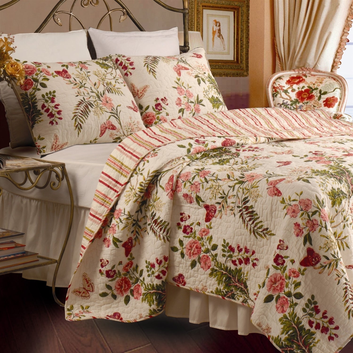 Twin size 100% Cotton Quilt Set with Sham in Pink Floral Butterfly on a bed with intricate floral print and vermicelli quilting.