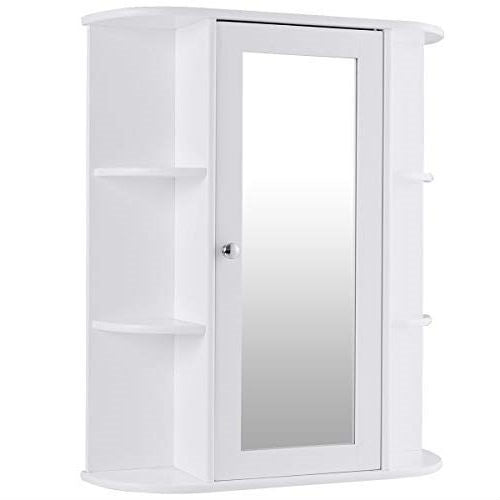 White Bathroom Wall Mounted Medicine Cabinet with Storage Shelves featuring open shelves and a mirrored door for neat organization.