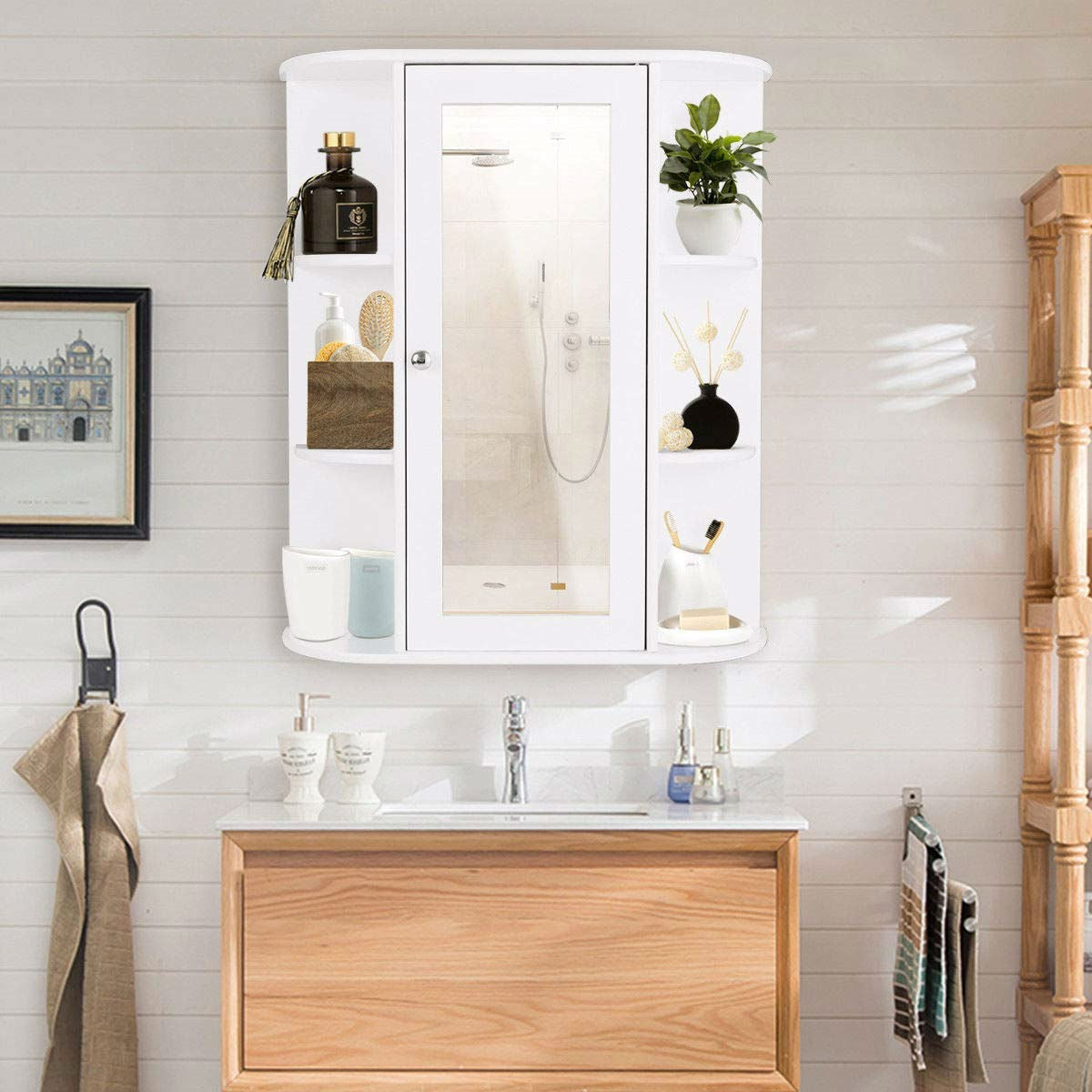 White Bathroom Wall Mounted Medicine Cabinet with Storage Shelves above wooden vanity