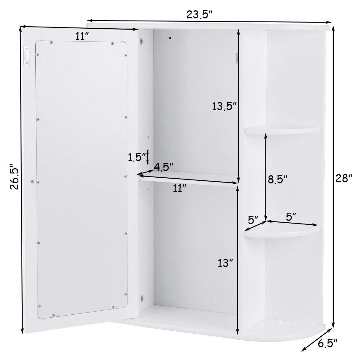 Dimensions of White Bathroom Wall Mounted Medicine Cabinet with Storage Shelves, featuring open shelves and a storage room with a door.
