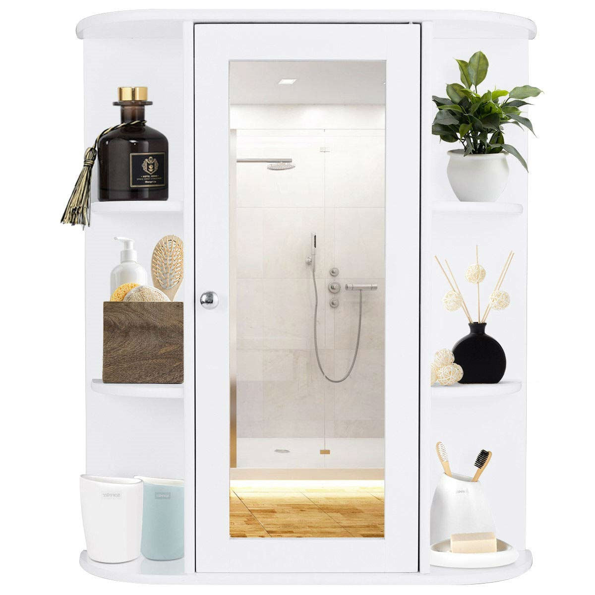 White Bathroom Wall Mounted Medicine Cabinet with Storage Shelves displaying organized toiletries and decor items