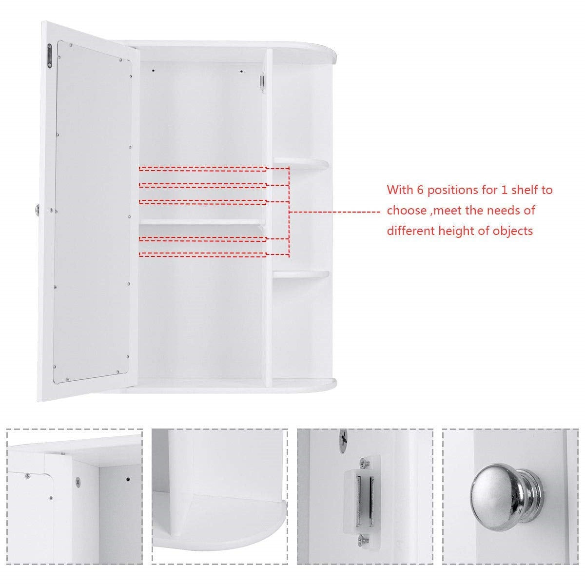 Open White Bathroom Wall Mounted Medicine Cabinet with Storage Shelves showing adjustable shelf positions