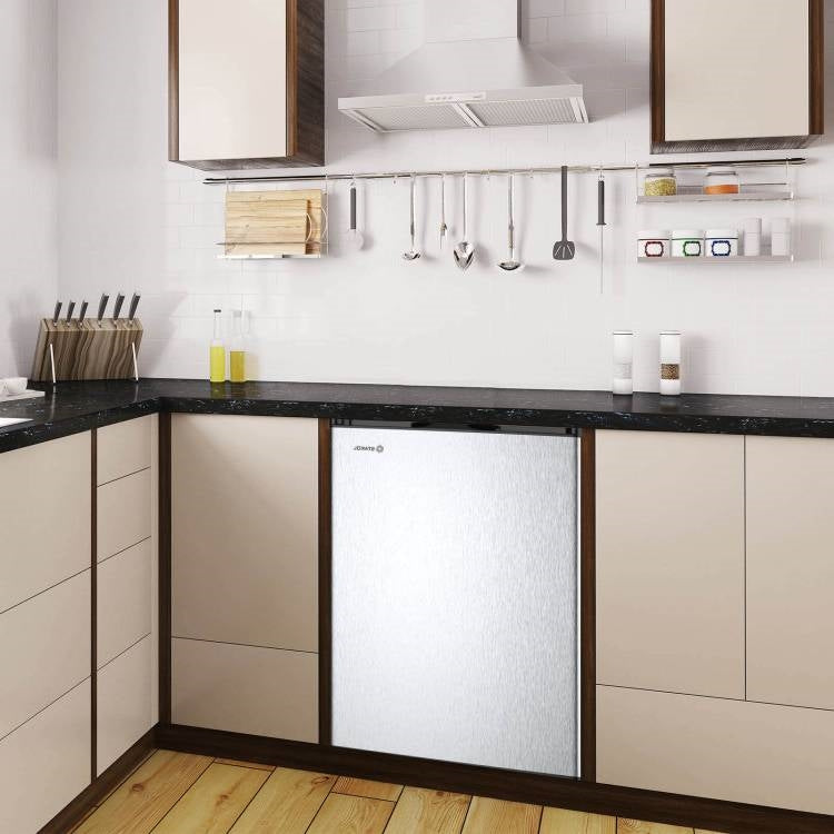 Modern Compact 3 cu ft. Space Saving Portable Mini Freezer Home Kitchen Dorm in sleek stainless steel in a kitchen setup.