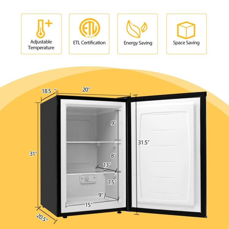 Interior view of Modern Compact 3 cu ft. Space Saving Portable Mini Freezer Home Kitchen Dorm with dimensions and features.