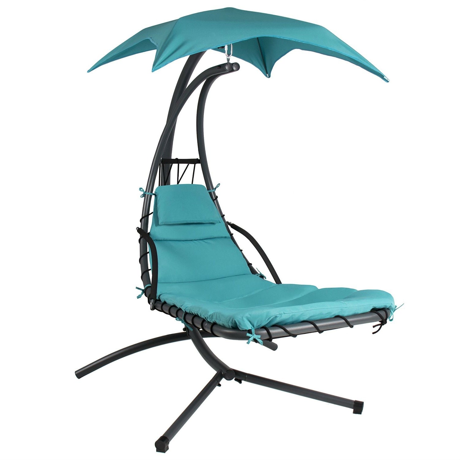 Teal Single Person Sturdy Modern Chaise Lounger Hammock Chair Porch Swing with canopy and cushion on a metal frame