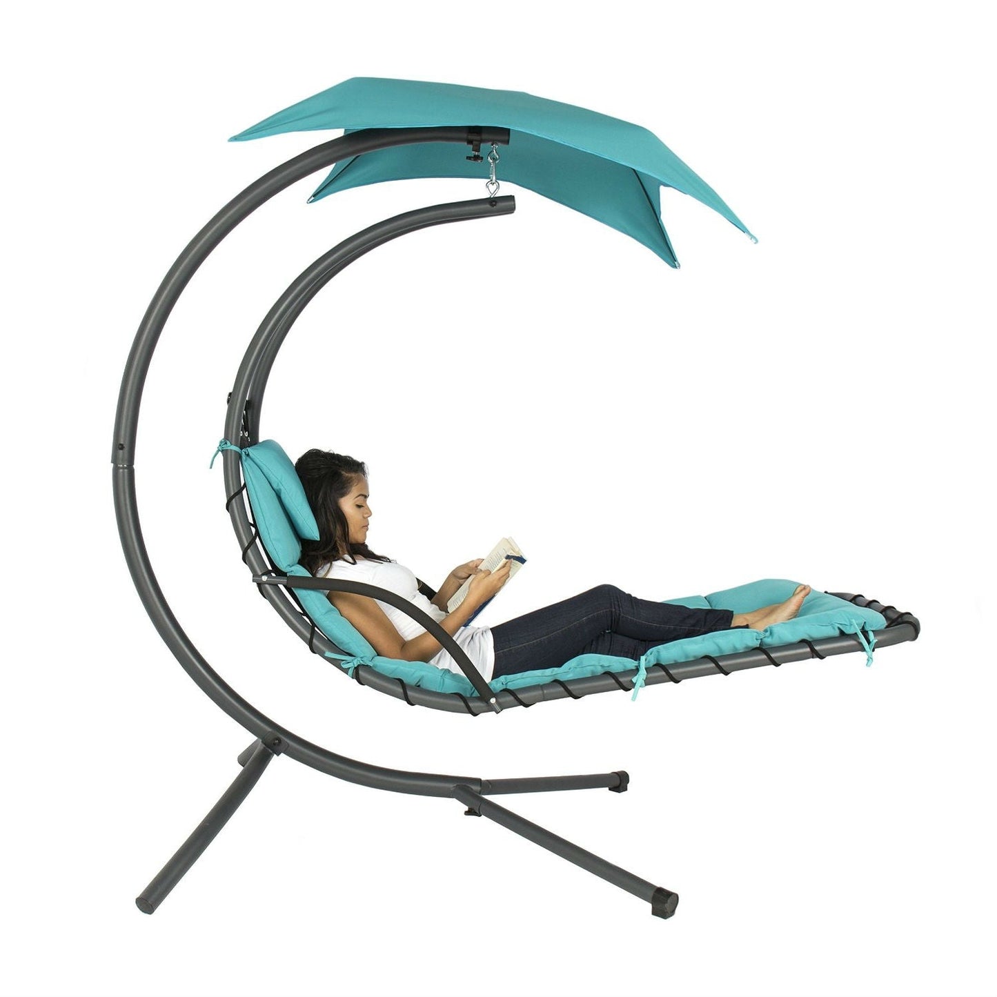 Teal Single Person Sturdy Modern Chaise Lounger Hammock Chair Porch Swing with canopy and cushion for outdoor relaxation.