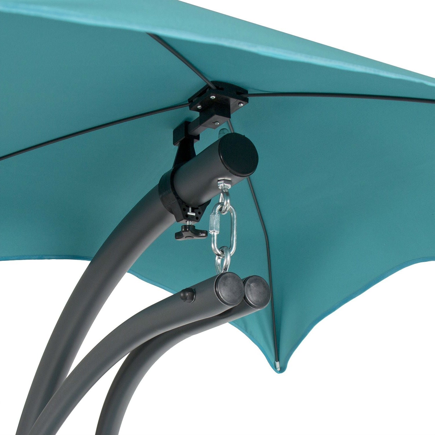 Close-up of teal canopy and frame of Teal Single Person Sturdy Modern Chaise Lounger Hammock Chair Porch Swing