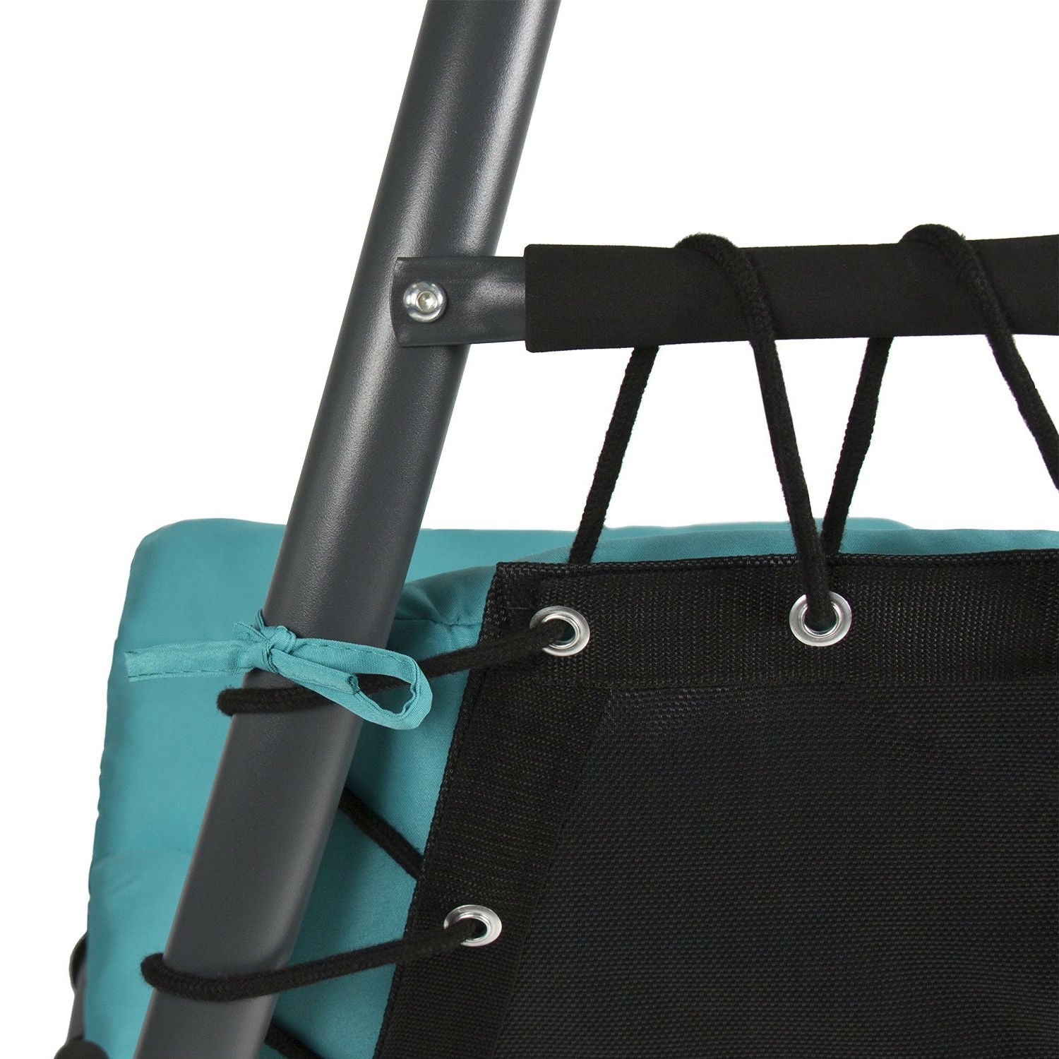 Detail of Teal Single Person Sturdy Modern Chaise Lounger Hammock Chair Porch Swing metal frame and cushion
