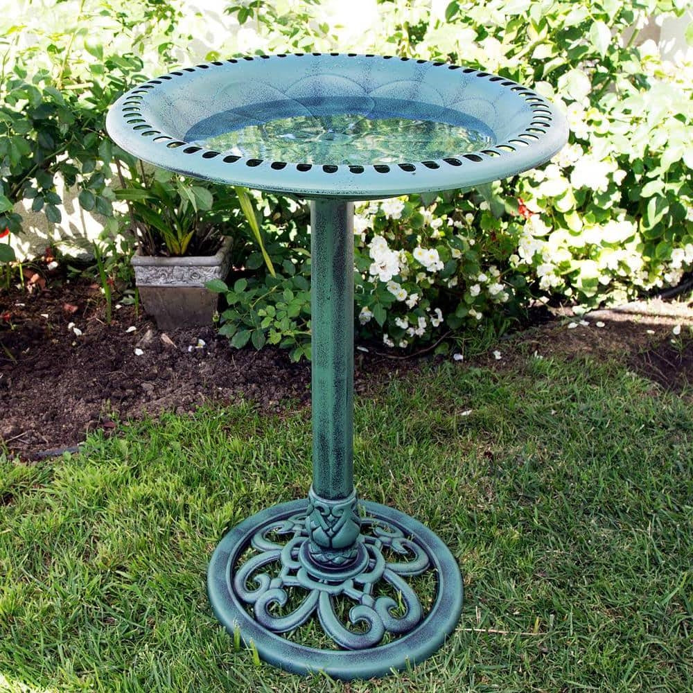 Outdoor Garden Bird Bath Bowl with Stand in Green Bronze Finish for patios and gardens