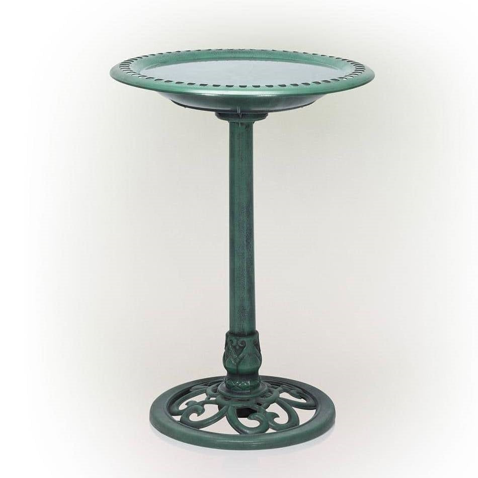 Outdoor Garden Bird Bath Bowl with Stand in Green Bronze Finish featuring elegant design and perforated edges for birds.