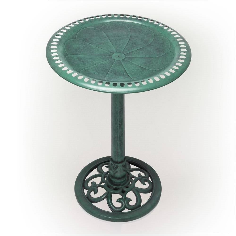 Outdoor Garden Bird Bath Bowl with Stand in Green Bronze Finish with perforated edges featuring a decorative base design.