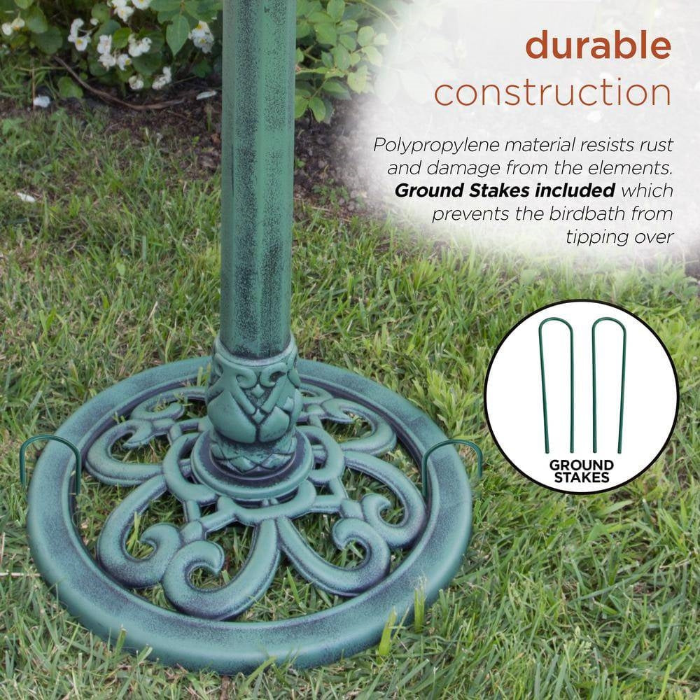 Outdoor Garden Bird Bath Bowl with Stand in Green Bronze Finish showing durable construction and ground stakes.