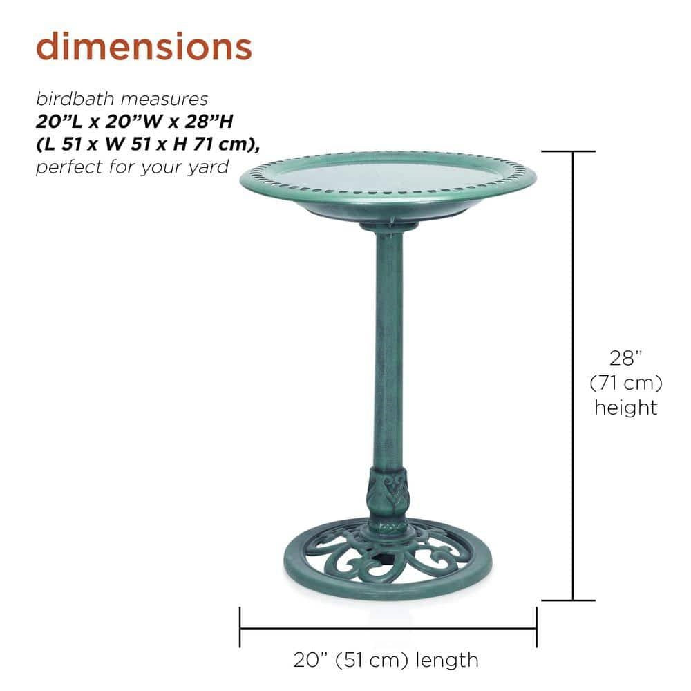 Outdoor Garden Bird Bath Bowl with Stand in Green Bronze Finish, 20x20x28 inches, elegant design with perforated edges.