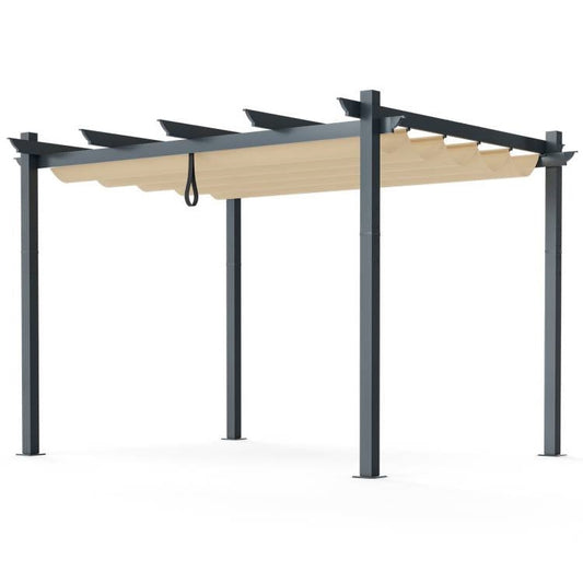 Modern 10 x 12 Ft Outdoor Sturdy Pergola Gazebo with Retractable Beige Canopy showcasing rust-resistant aluminum frame.