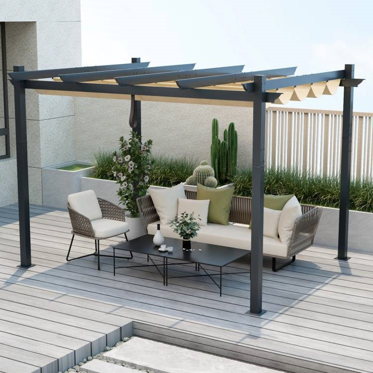 Modern 10 x 12 Ft Outdoor Sturdy Pergola Gazebo with Retractable Beige Canopy on a wooden deck with furniture