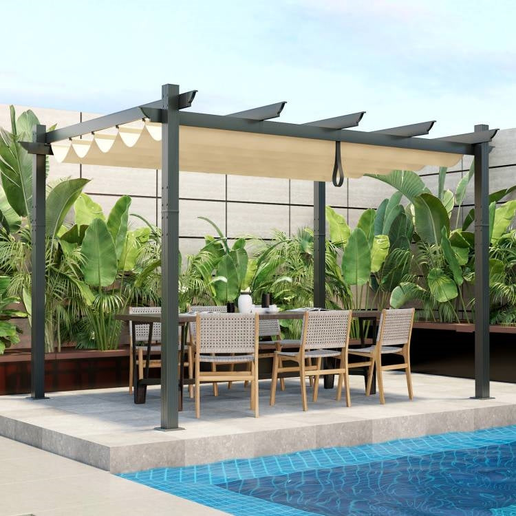 Modern 10 x 12 Ft Outdoor Sturdy Pergola Gazebo with Retractable Beige Canopy in a backyard by a pool