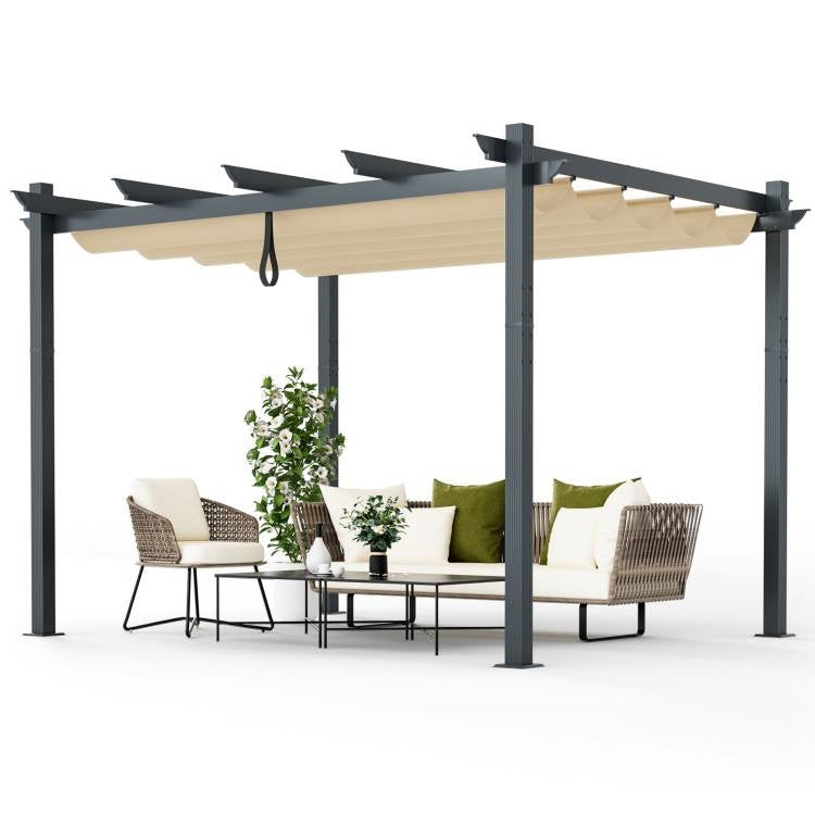 Modern 10 x 12 Ft Outdoor Sturdy Pergola Gazebo with Retractable Beige Canopy, powder coated aluminum frame, rust resistant.